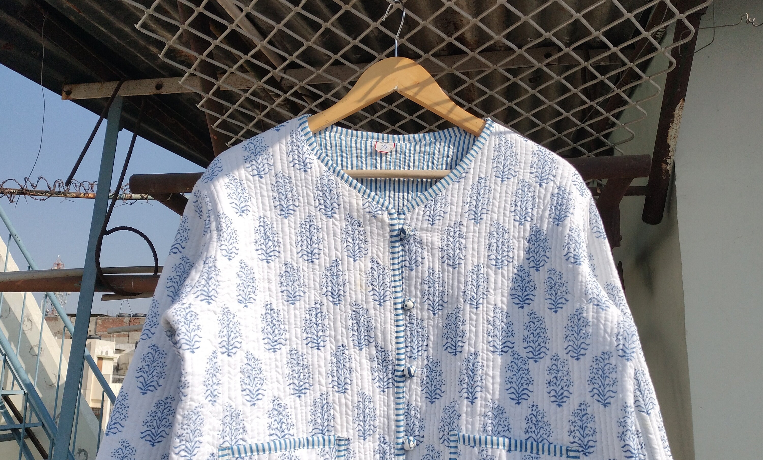 Hand Block Print Quilted Cotton Jacket: Indian Floral Coat