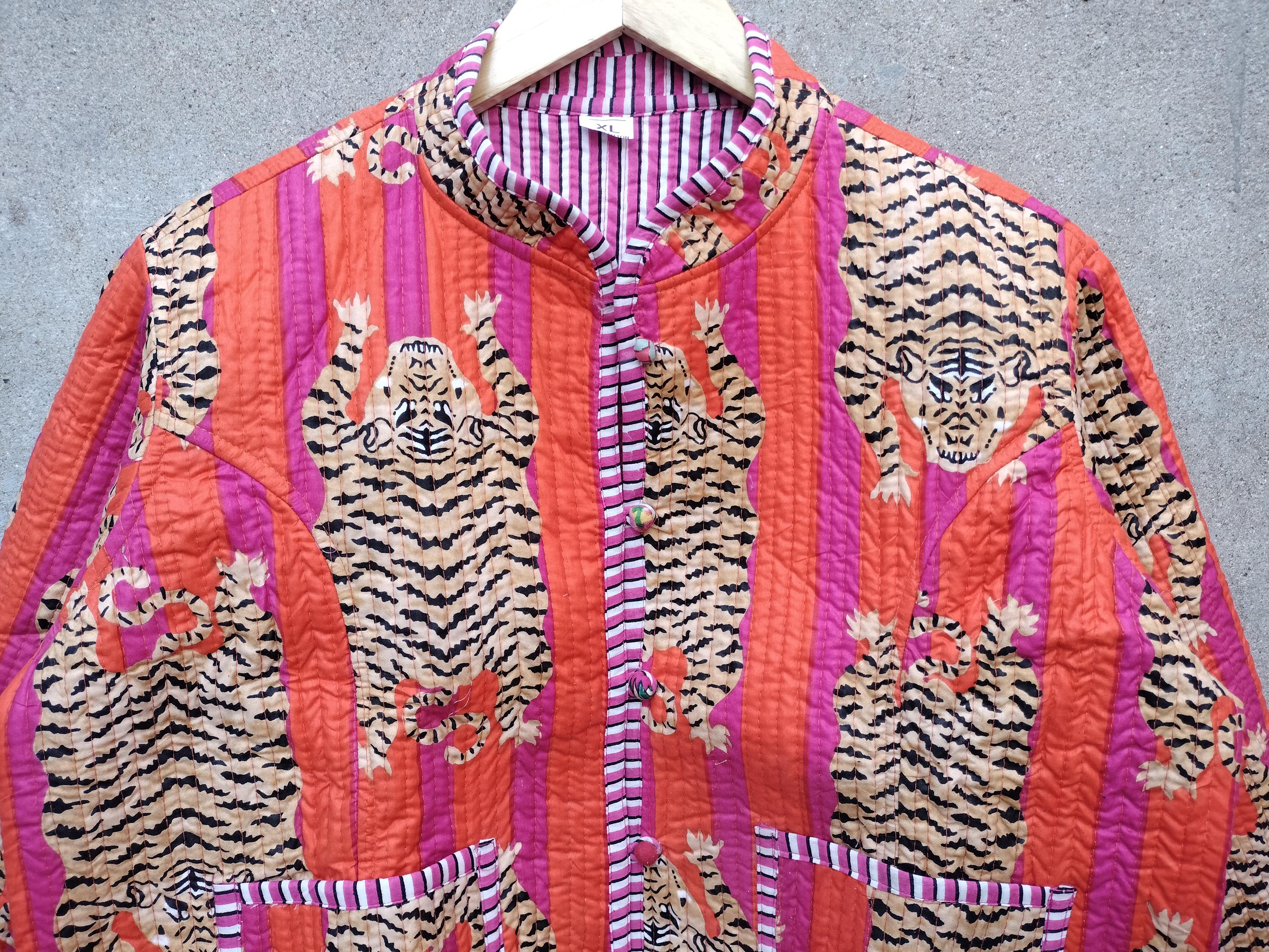 Giacca Etnica Leggera In Cotone Con Stampa Tigre – Aperta Davanti – Taglia Unica – Ispirata Allo Stile Hippie E Kantha
