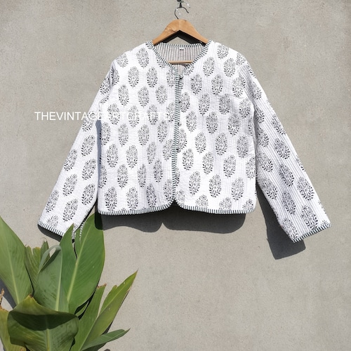 Reversible Block Print Quilted Jacket: Indian Patola Cotton Coat