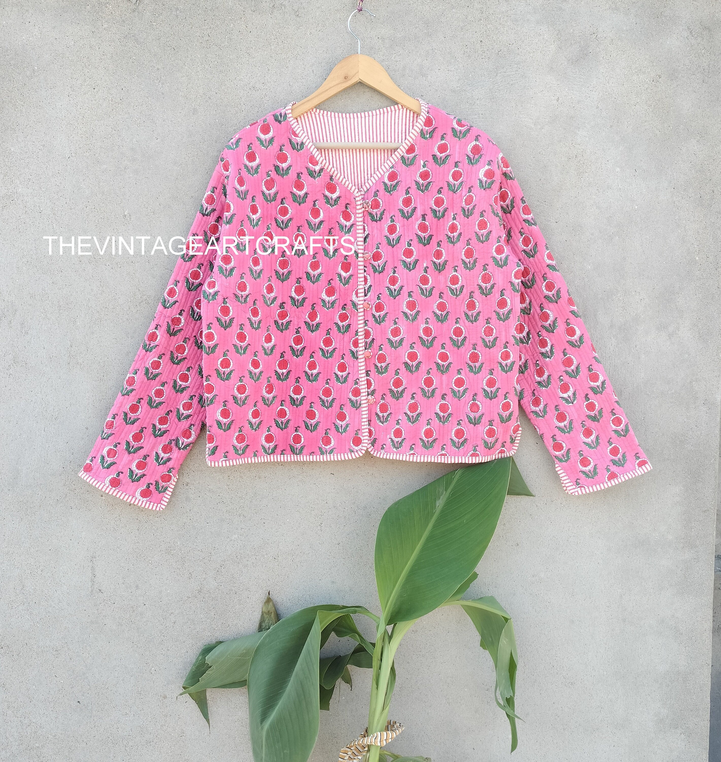 Indian Block Print Jacket With Belt, Quilted Kantha Jacket