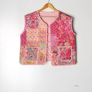 Vestes patchwork en coton sans manches, manteau veste d'hiver fait main en coton indien, veste style bohème, veste courte matelassée kantha unisexe image 4