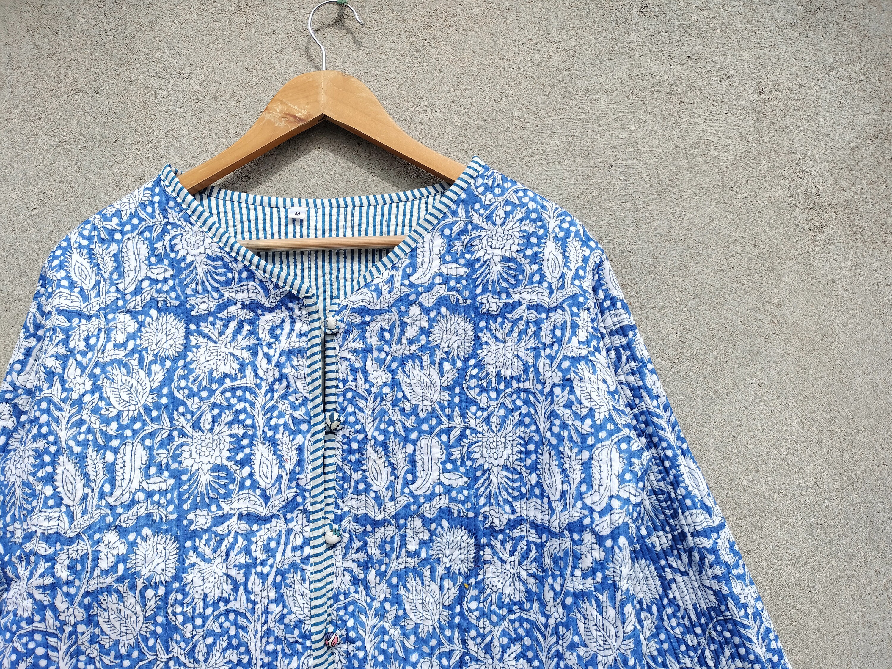 Organic Cotton Quilted Jacket: Reversible Indian Block Print
