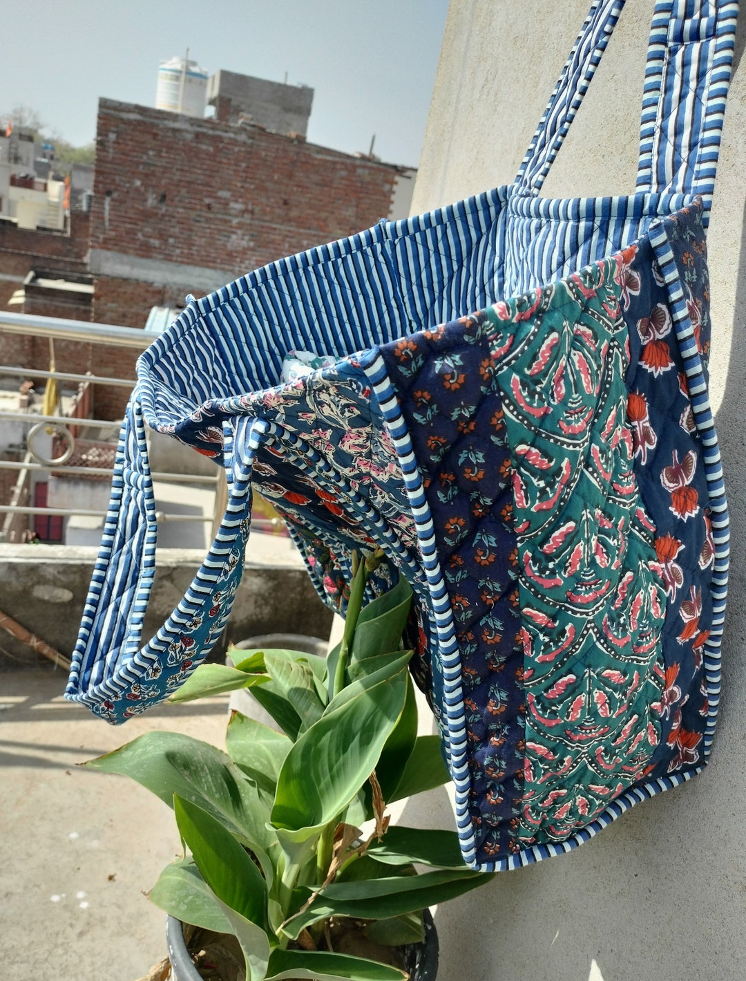 Han Made Cotton Patch Work Tote Bag Reversible Bag Quilted