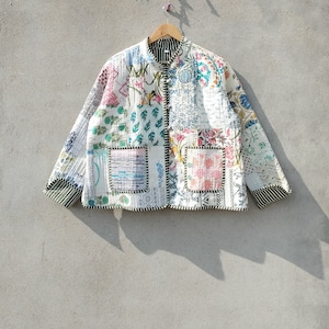 cotton quilted women wear jacket front open kimono strip piping handmade vintage cotton jacket Patchwork Quilted Jackets Cotton Floral image 8