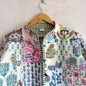 Indische Handgemachte Patchwork-Arbeit Vintage Steppjacke Mäntel, neuer Stil, Boho, Baumwolljacke Kurz, weißes Blatt, schwarze Streifenpaspelierung Bild 4