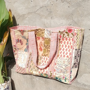 Gesteppte Baumwolle, handbedruckt, umkehrbar, große Einkaufstasche, umweltfreundlich, erdig, robust, Lebensmittelgeschäft, Einkaufen, handgefertigter Künstler Boho