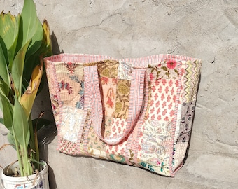 Algodón acolchado impreso a mano reversible bolso de mano grande ecológico terroso resistente compras de comestibles artista hecho a mano Boho llevar todo parche