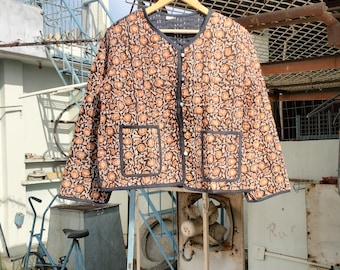 hand block bagru print kantha quilted reversible jacket cot quilted jacket coatJacket, Cotton Sari Kantha Coat, Short Jacket