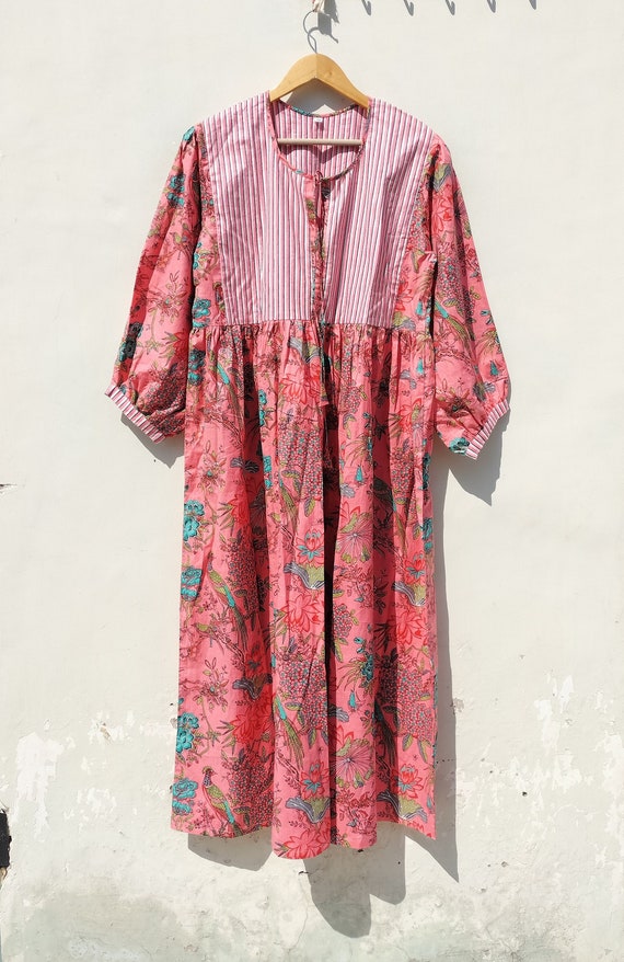 Hand Block Printed Cotton Summer Dress: Floral Gauze Sundress