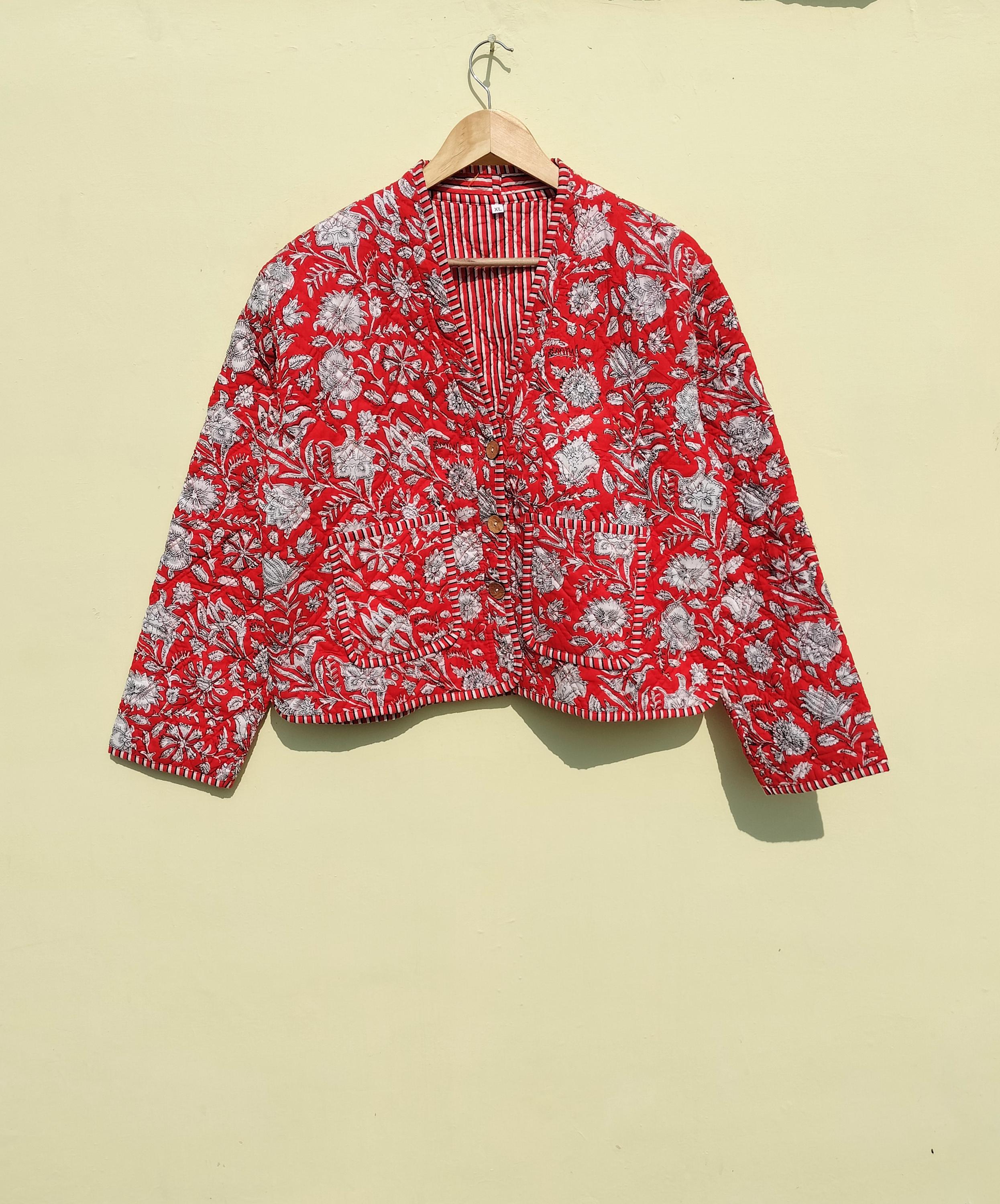 ハンドブロックプリント パッチワーク キルティングジャケット　インド 和風 ハンドブロックプリント パッチワーク 中綿 キルティング ジャケット