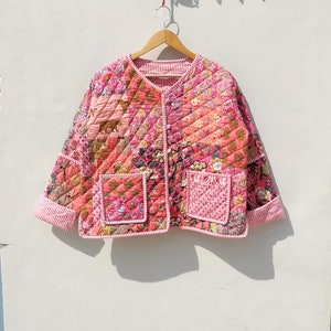 Baumwolle Handgemachte Kantha Jacke Steppjacke Handgefertigte Vintage Steppjacke, Mäntel, neuer Stil, Boho Grüner Regenbogen Bild 3