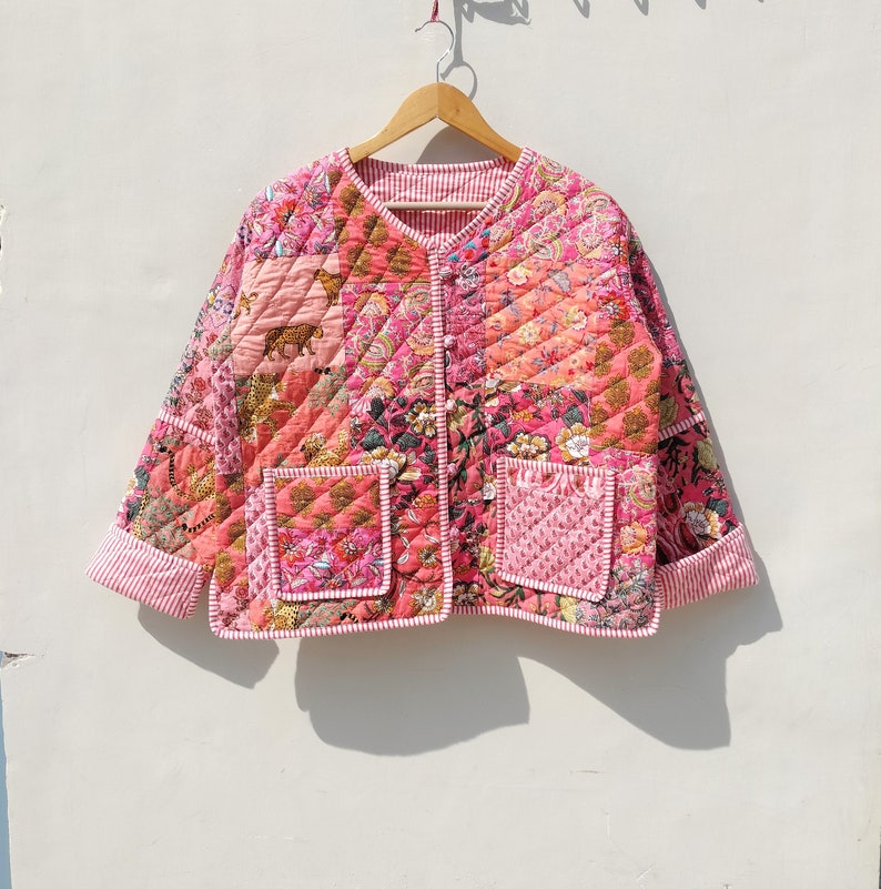 Baumwolle Handgemachte Kantha Jacke Steppjacke Handgefertigte Vintage Steppjacke, Mäntel, neuer Stil, Boho Grüner Regenbogen Bild 3