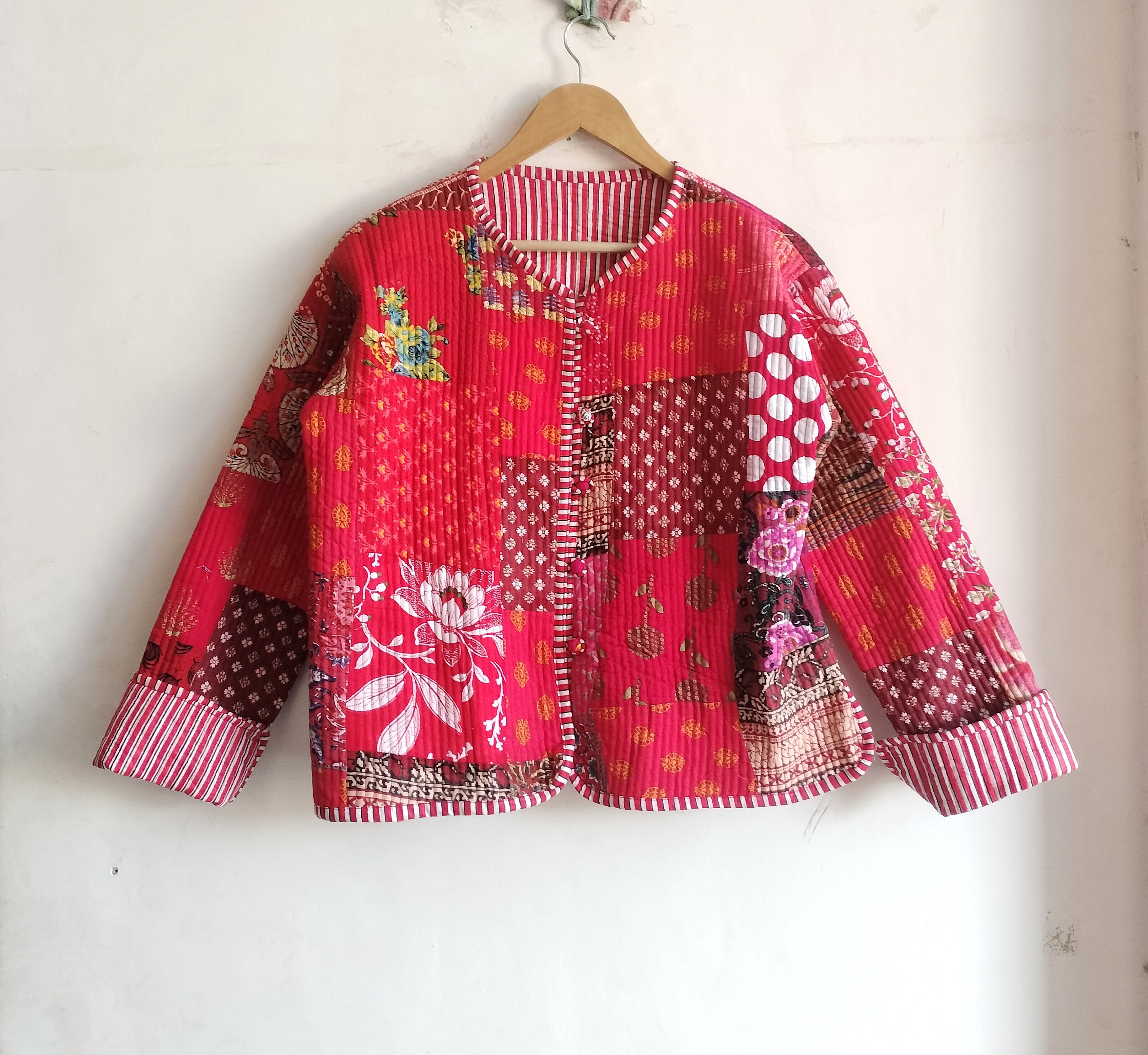 Handmade Cotton Quilted Jacket: Vintage Boho Patchwork Kimono