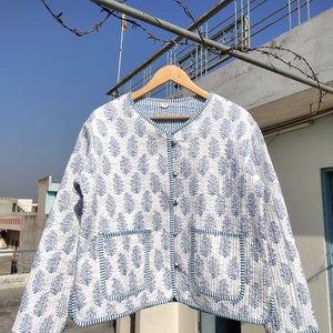 Reversible hand block print cotton quilted jacket coatJacket, Cotton Sari Kantha Coat, Short Jacket zdjęcie 7