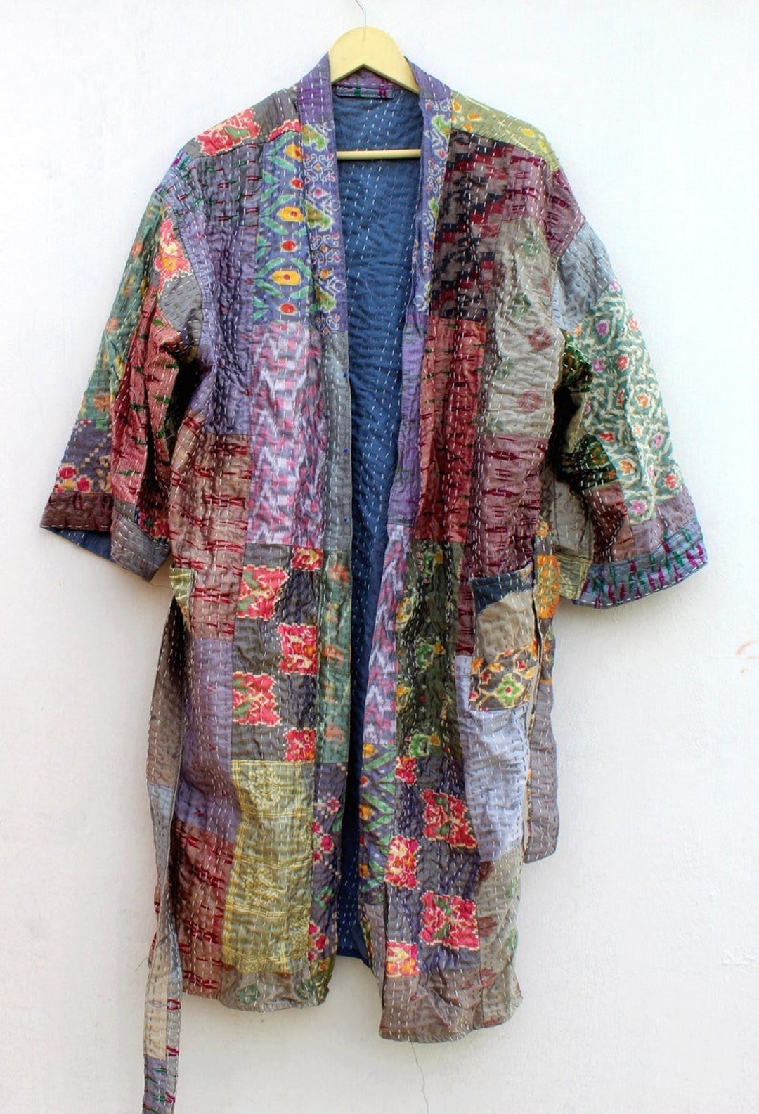 Silk Vintage Sari Patch Kantha Short Kimono for Winter , Silk Recycled ...