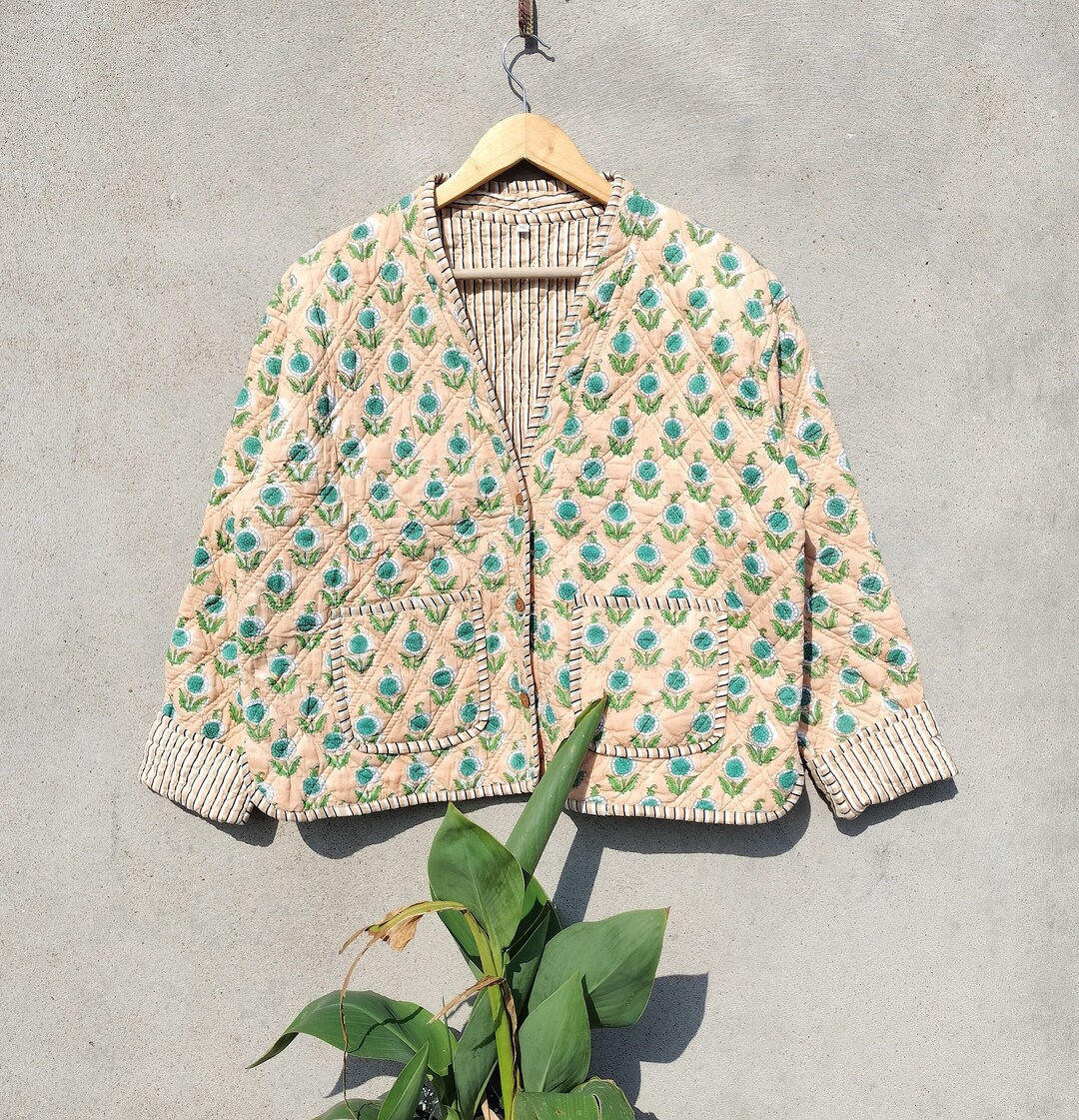 ハンドメイドインド製キルティングコットンジャケット：ブルー