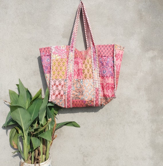 Hand Sewn Kantha Recycled Silk Patchwork Market bag Purse XL Hand Sewn Kantha Recycled Silk Patchwork Market bag Purse XL