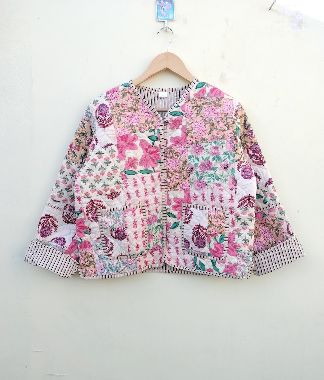 Handmade Cotton Quilted Jacket: Indian Block Print Reversible Boho