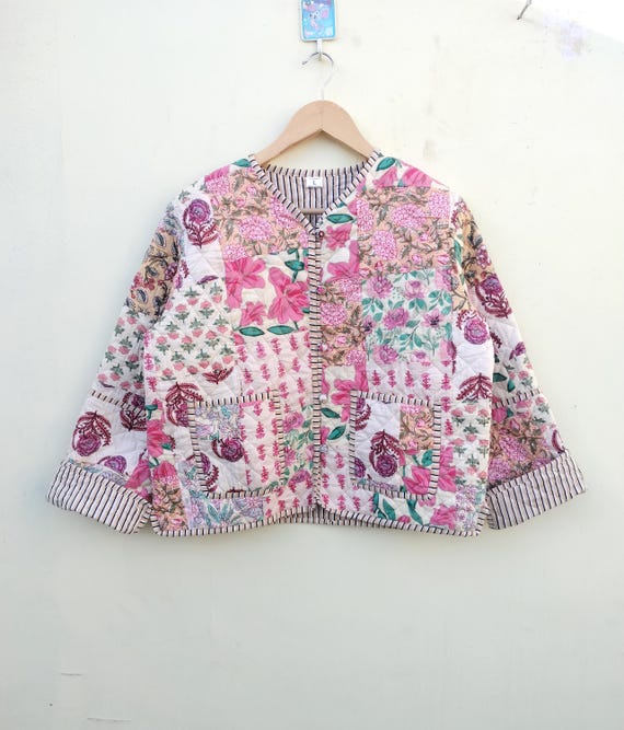 Handmade Cotton Quilted Jacket: Indian Block Print Reversible Boho