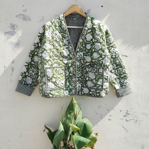 AMERI ★ INDIA BLOCK PRINT JACKET Handmade Indian Block Print Quilted Kimono Jacket: Boho Short Coat