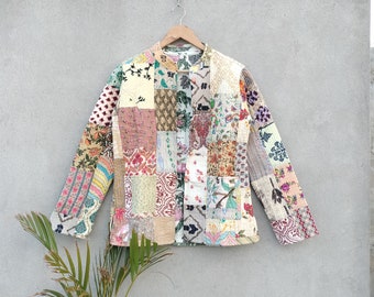 Handmade Patchwork Jacket, Hand Stitched Cotton Patchwork Jacket, Cotton Sari Kantha Coat, Short Jacket