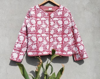 Reversible Hand Block Print Quilted Cotton Jacket: Floral Kantha Coat