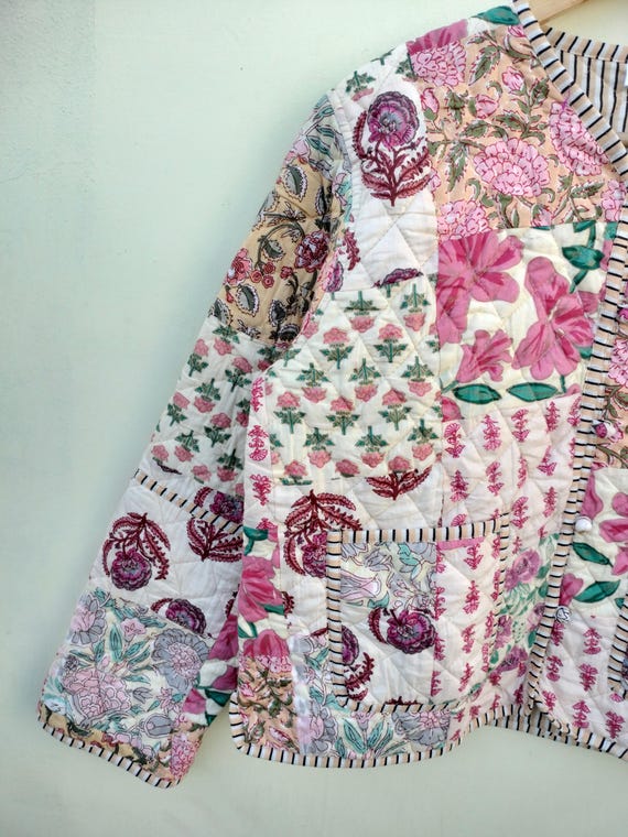 Handmade Cotton Quilted Jacket: Indian Block Print Reversible Boho
