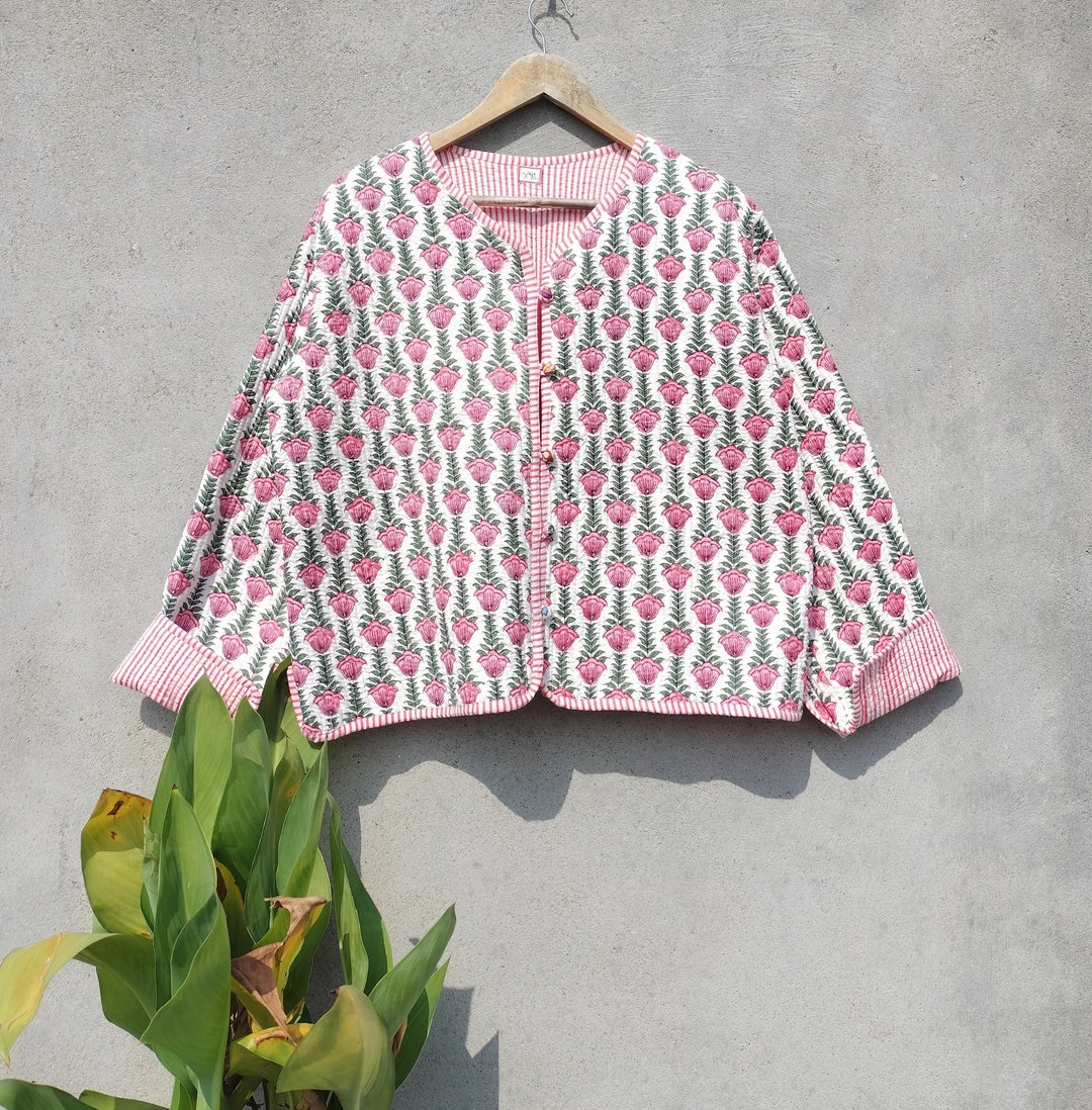 Pink Block Print Reversible Cotton Quilted Jacket - Etsy