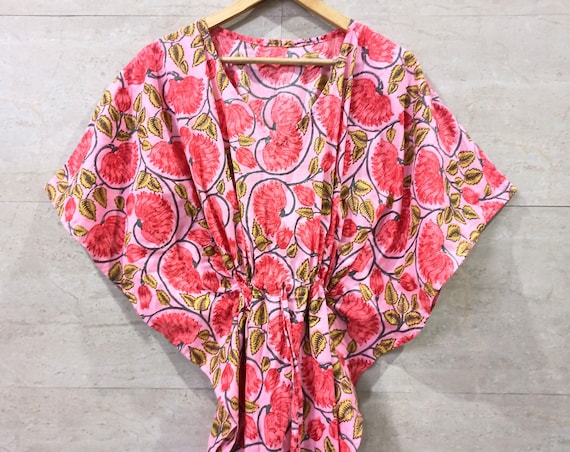Floral Cotton Kaftan: Indian Hand Print Dress, Beach Cover Up
