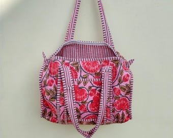 Floral Block Print Cotton Quilted Tote Bag: Handmade Weekender