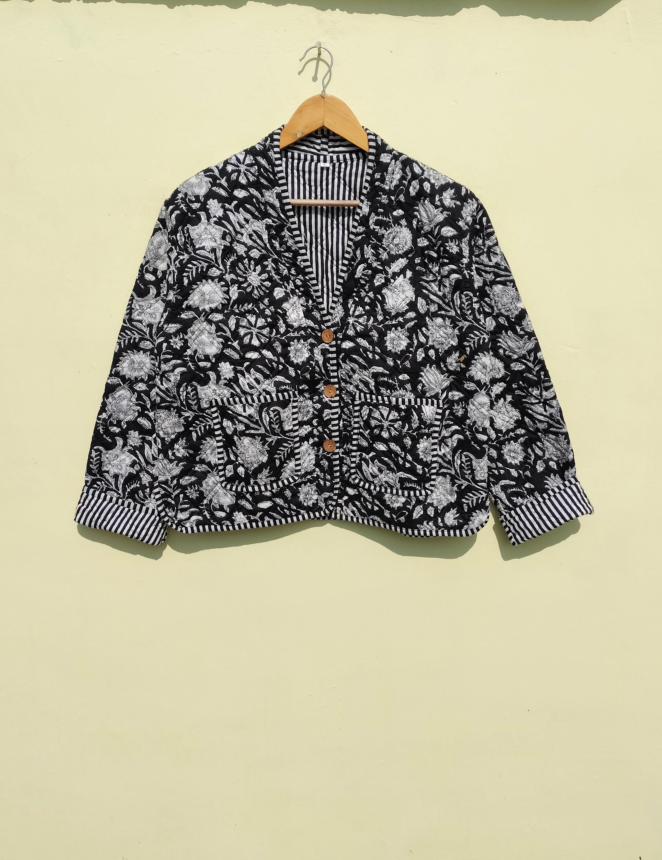 アメリ ヴィンテージ　新品未使用INDIA BLOCK PRINT JACKET Indian Block Print Fabric Quilted Jacket Short Kimono Stripe