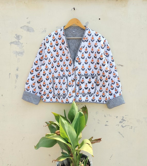 Block Print Quilted Jacket Cotton Flower Bohemian Style Full