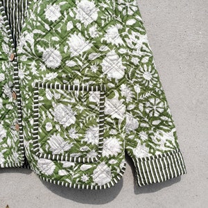 Veste matelassée indienne en tissu imprimé handblock kimono court passepoil à rayures Veste matelassée vintage faite main, manteaux, nouveau style, double bohème image 6