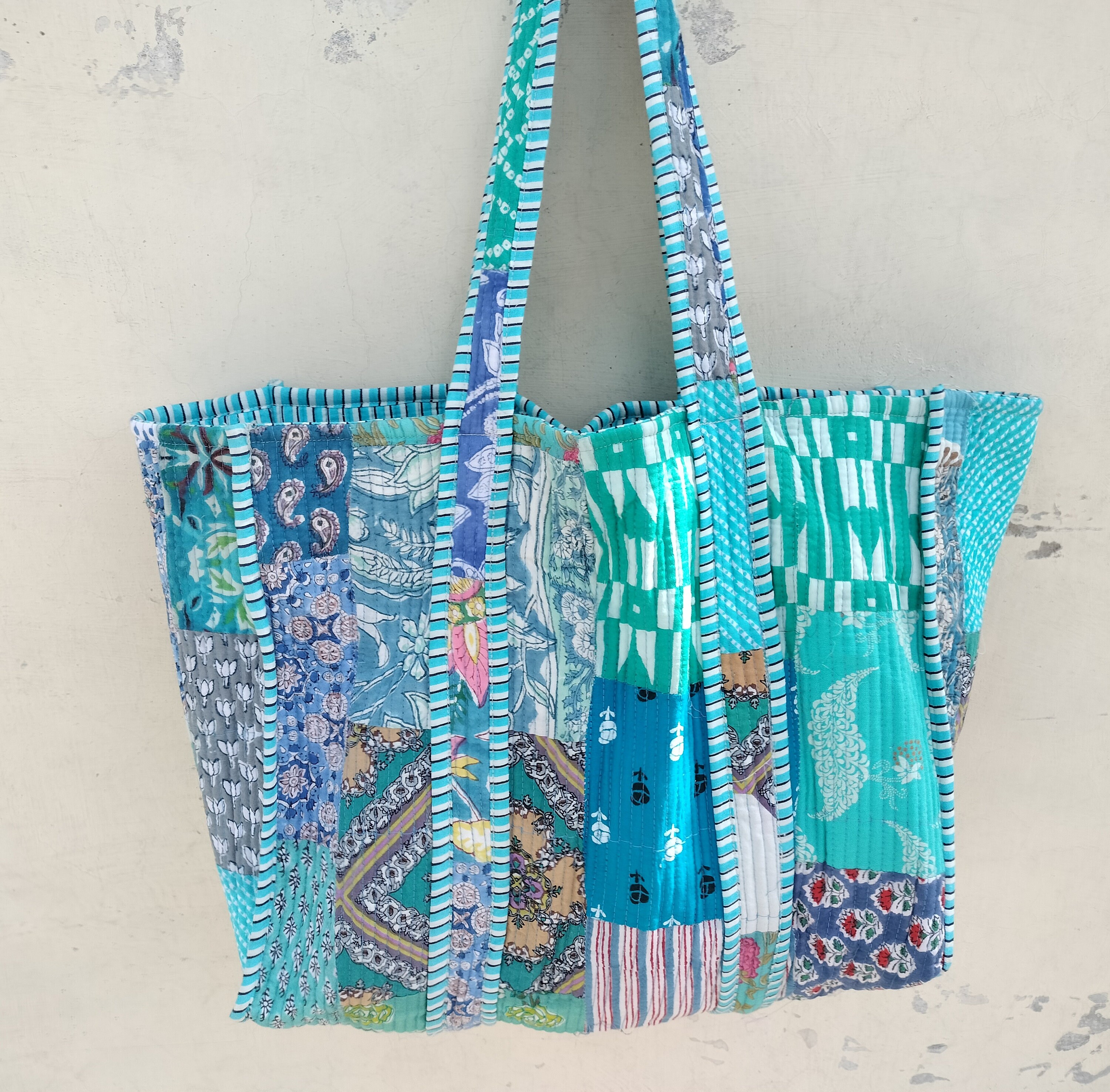 Quilted Jhola Bag, Cotton Quilted Tote Bags, Handmade
