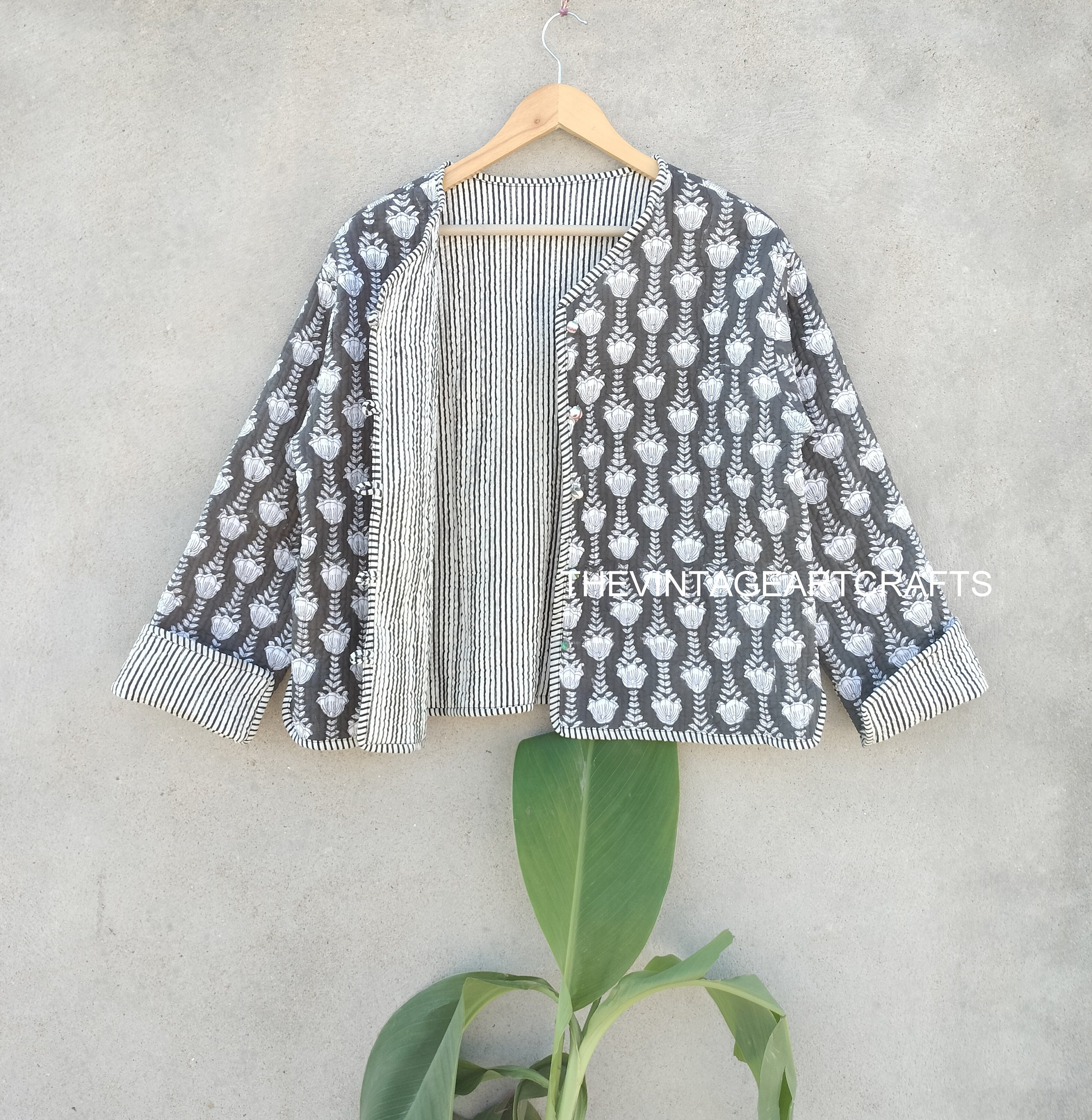 Cotton Quilted Jacket Reversible Handmade Cotton Flower Jacket Strip Piping Jacket Party Wear Cotton Flower Jacket Gift For Her