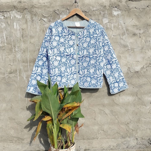 Organic Cotton Quilted Jacket: Reversible Indian Block Print