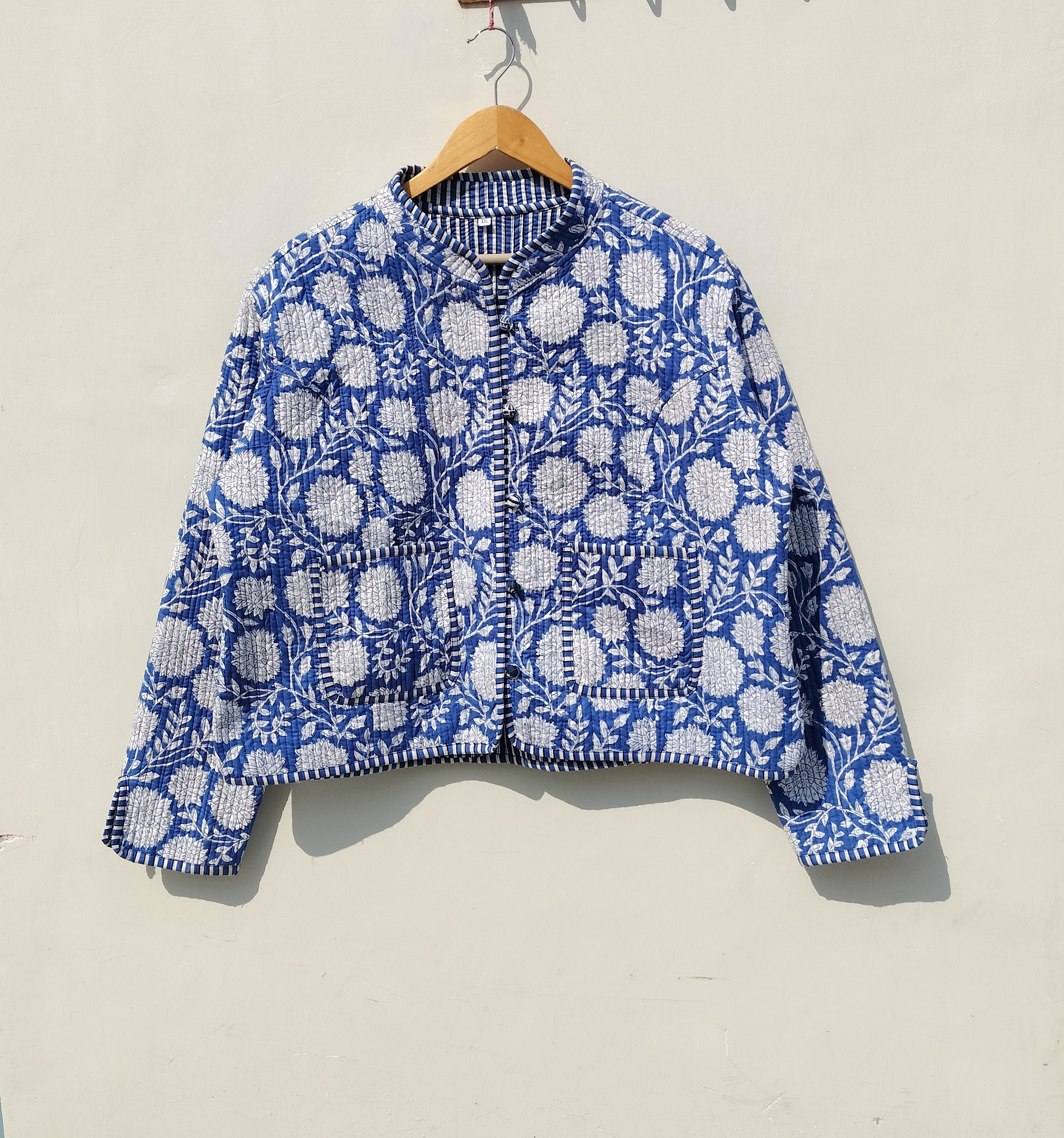 Hand Block Print Cotton Quilted Jacket: Reversible Kantha Sari