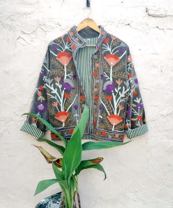 Handmade Suzani Embroidery Velvet Jacket: Indian Boho Coat