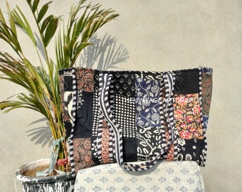 Quilted Patchwork Cotton Tote Bag: Oversized Travel Shopping Bag