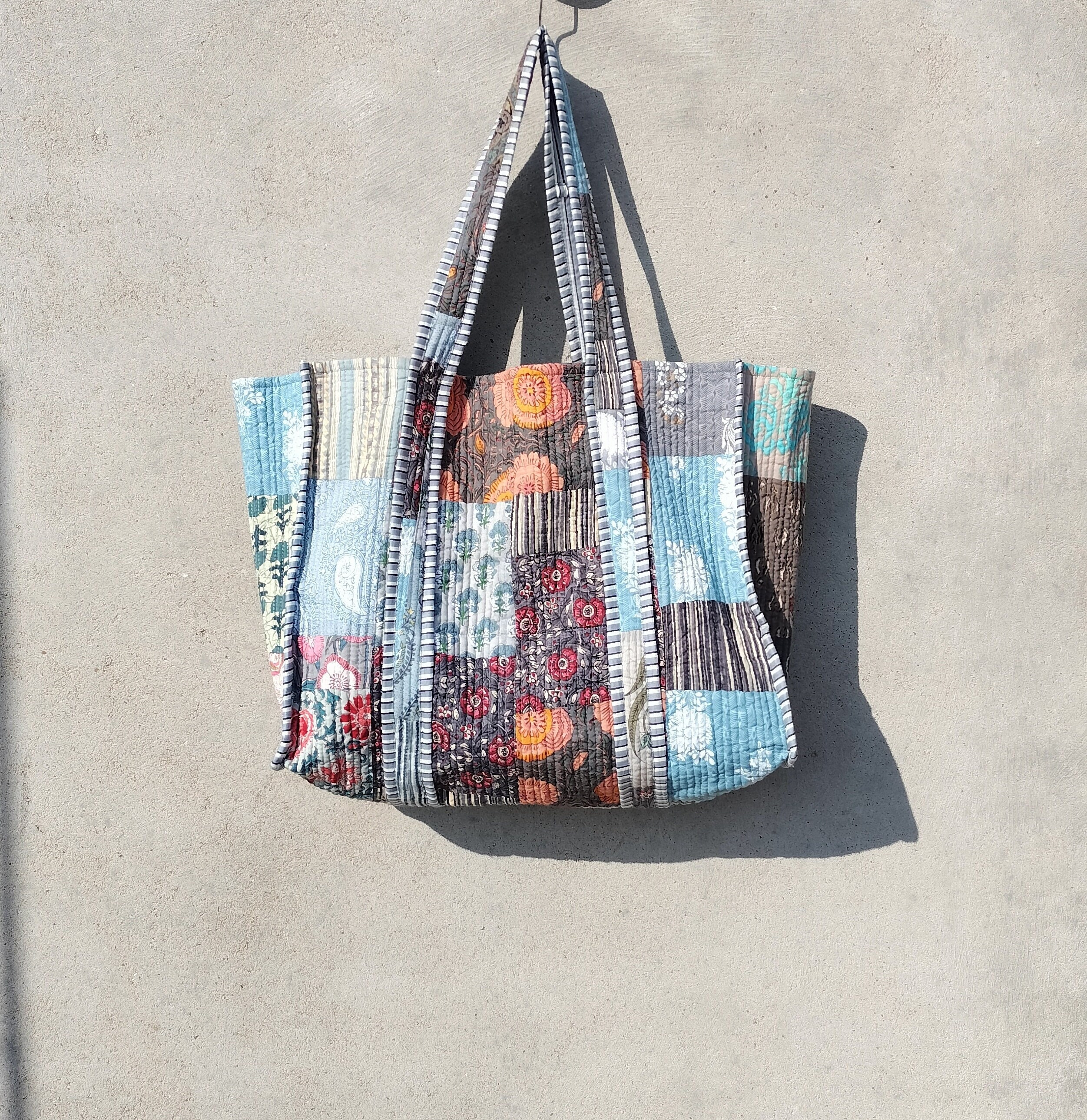 Quilted Patchwork Cotton Tote Bag: Large Indian Style Shopping Bag 