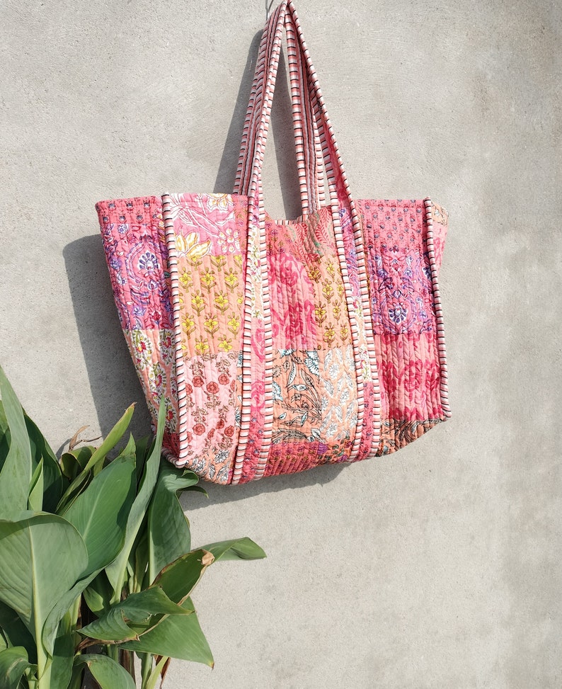 cotton patch work tote bag reversible bag quilted shopping bag hand made kantha tots women totes image 2