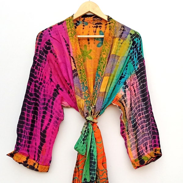 Krepp Seide Boho Tie Dye Cardigan, Bademantel, Bademantel, Vintage Seiden Kimono, Tie Dye Kimono Kleid, Bequeme Lounge Wear