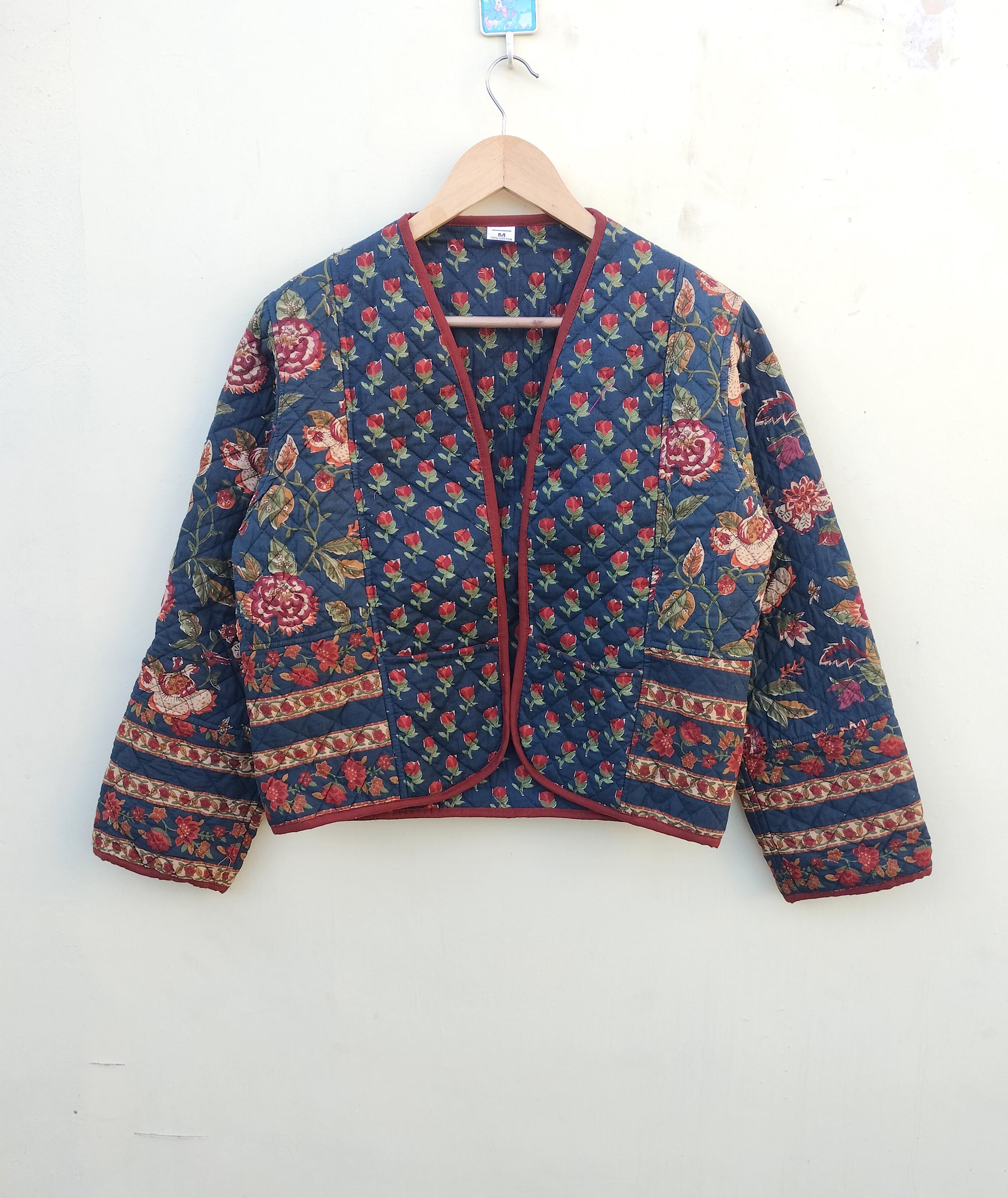 Reversible Cotton Quilted Jacket: Indian Hand Block Print, Boho Coat
