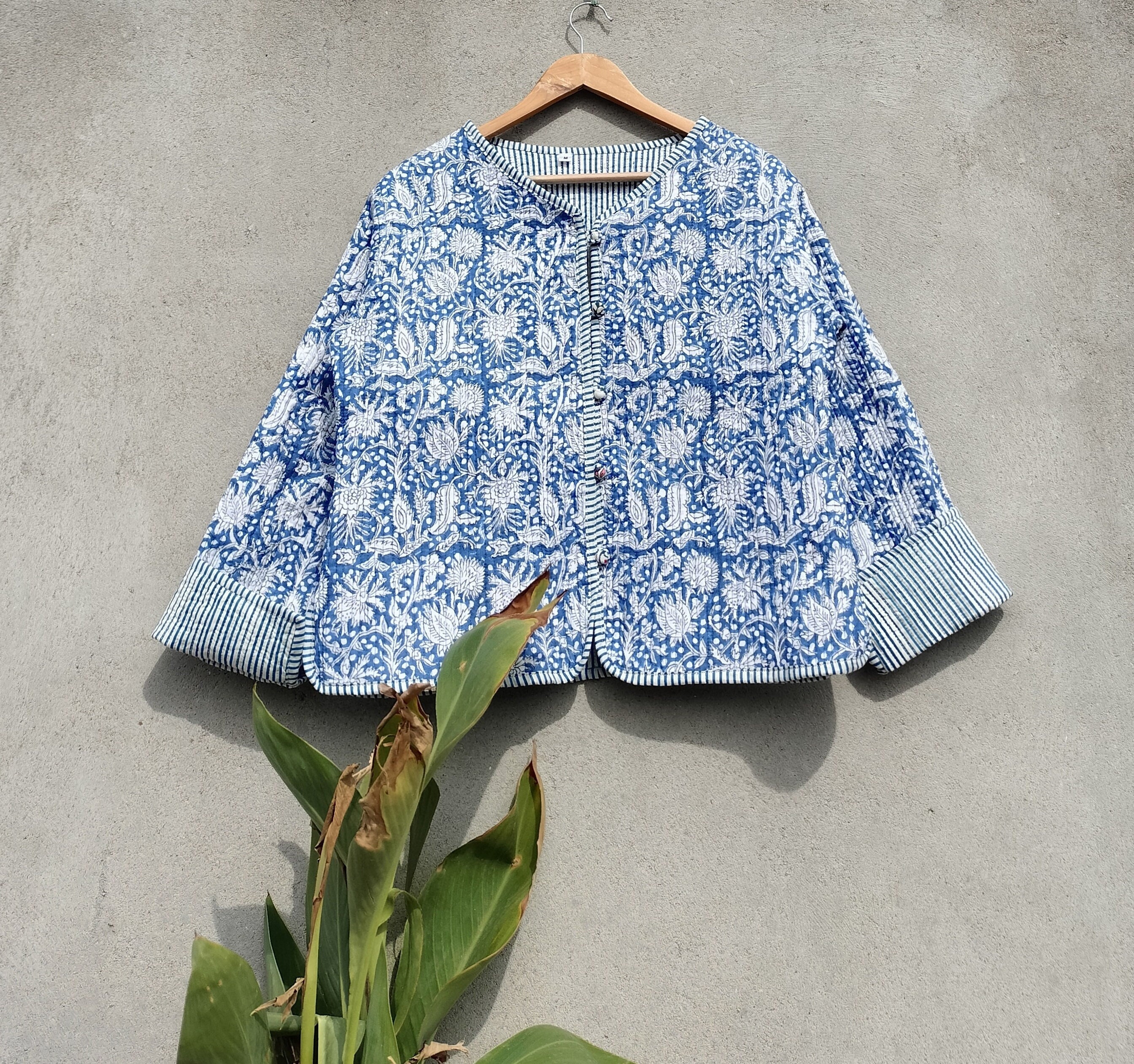 Organic Cotton Quilted Jacket: Reversible Indian Block Print