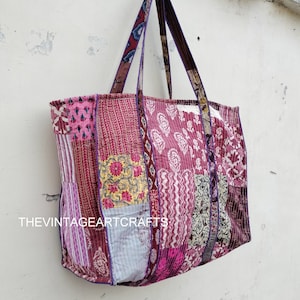 quilted cotton handprinted reversible large  floral patch work stripe tote bag eco friendly Sturdy Grocery Shopping Artist Boho