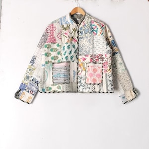 cotton quilted women wear jacket front open kimono strip piping handmade vintage cotton jacket Patchwork Quilted Jackets Cotton Floral image 2