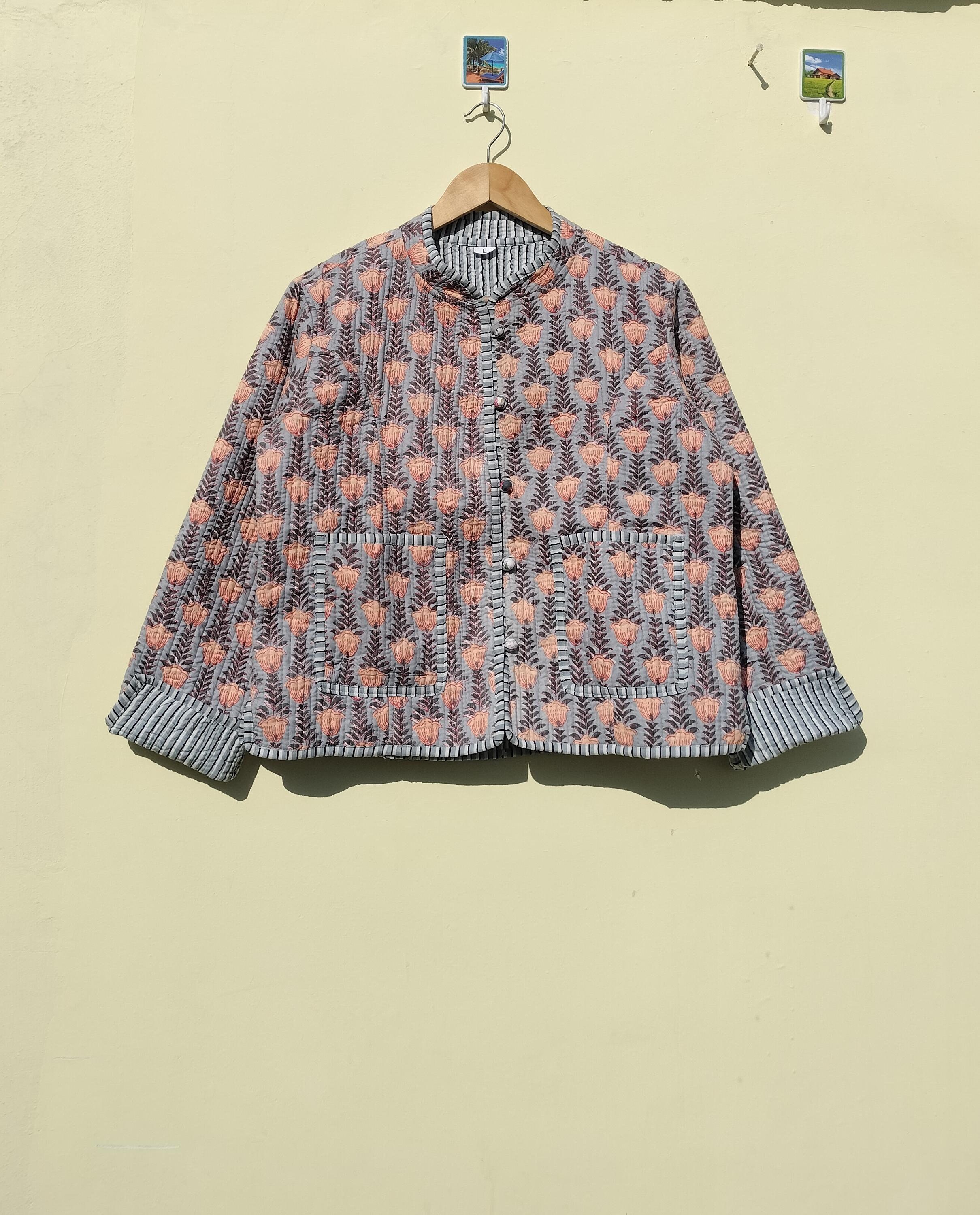 Hand Block Print Cotton Quilted Jacket: Reversible Indian Kimono