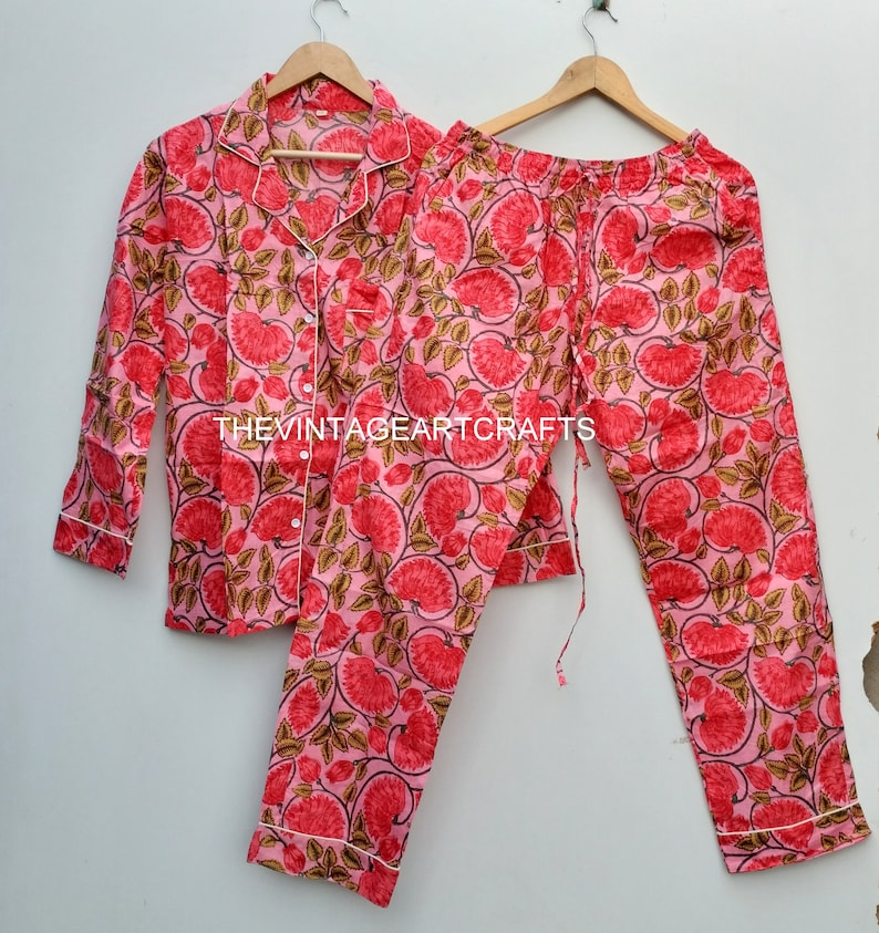 Floral Night Suit, Indian Cotton Pyjamas Set, Nightwear, Pure Cotton Fabric, Light Ultra-Soft Night Dress, Women Cotton Pants Shirt Set image 5