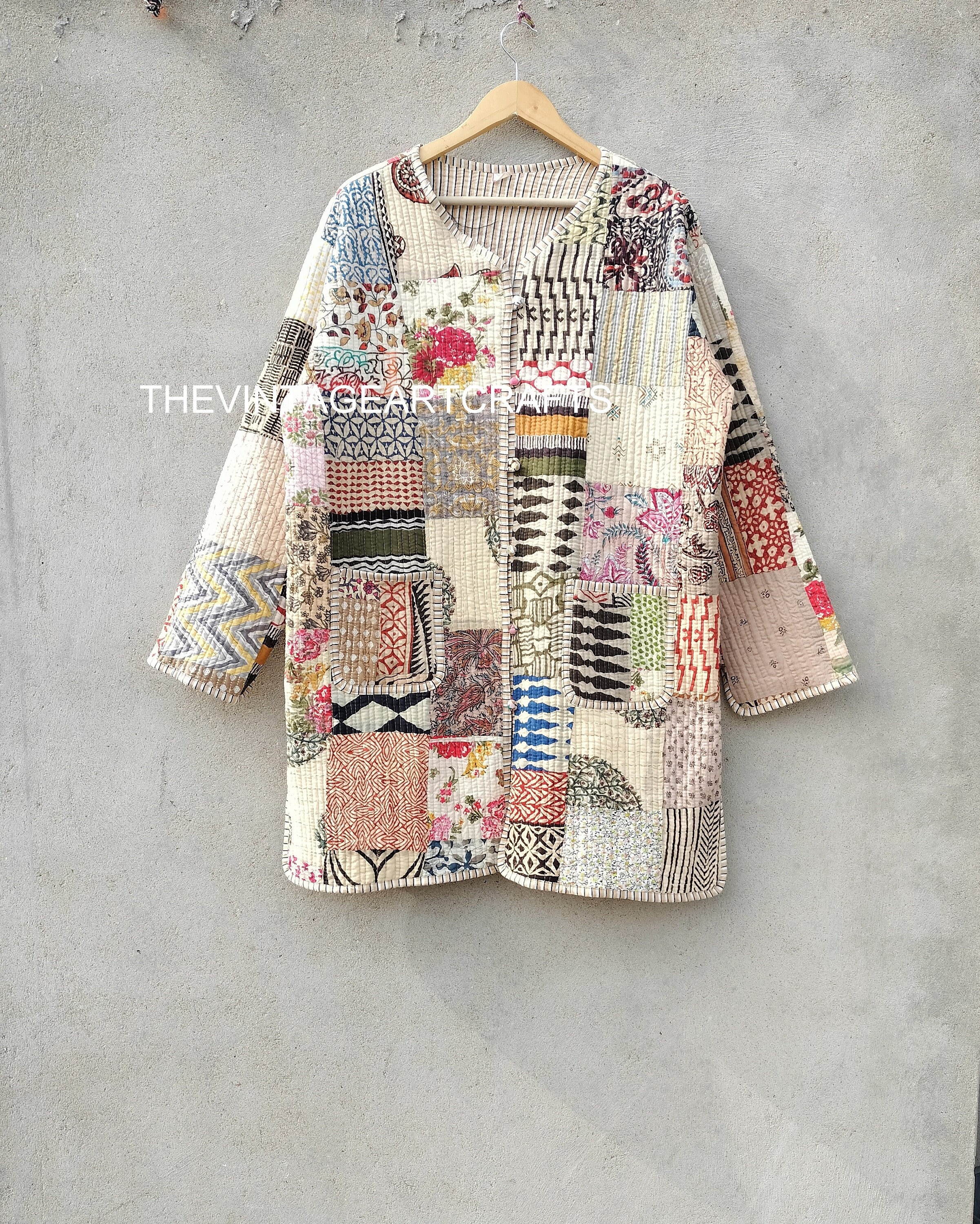 cotton patch work jacket Long quilted kantha coat front pocket handmade Vintage Quilted Jacket , Coats New Style, Boho..double