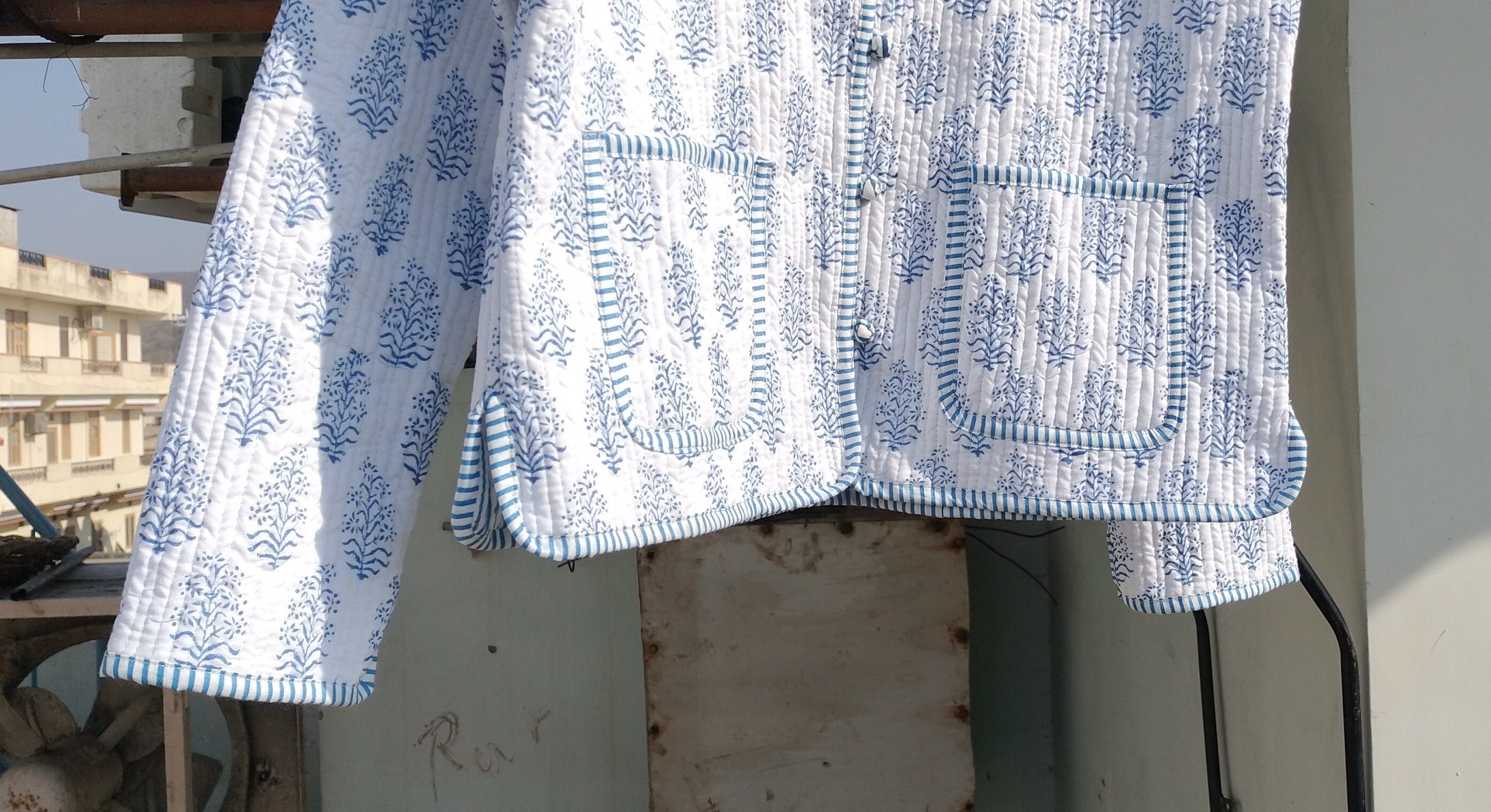 Hand Block Print Quilted Cotton Jacket: Indian Floral Coat